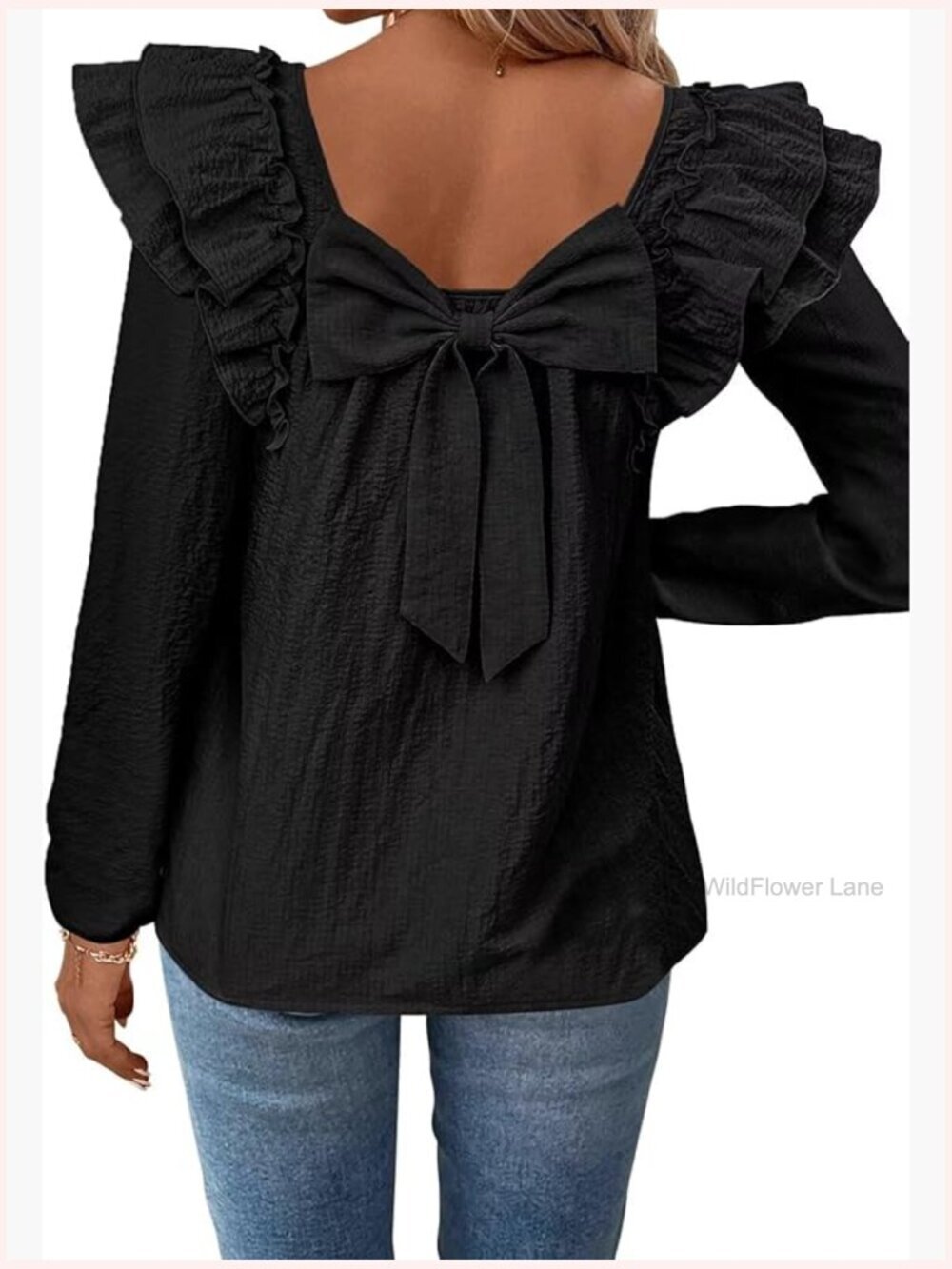 Square Neck Ruffle Sleeve Tunic with Bow Back